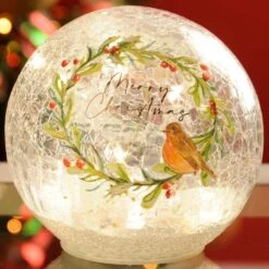 Festive Lit Crackle Effect Ball - Robin Scene