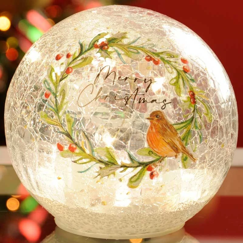 Festive Lit Crackle Effect Ball - Robin Scene 3 Festive Lit Crackle Effect Ball - Robin Scene