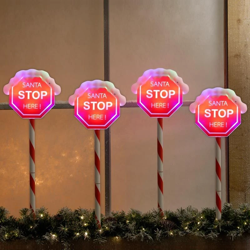 Festive 'Santa Stop Here!' Sign Stake Lights - 4 Pack 3 Festive 'Santa Stop Here!' Sign Stake Lights - 4 Pack